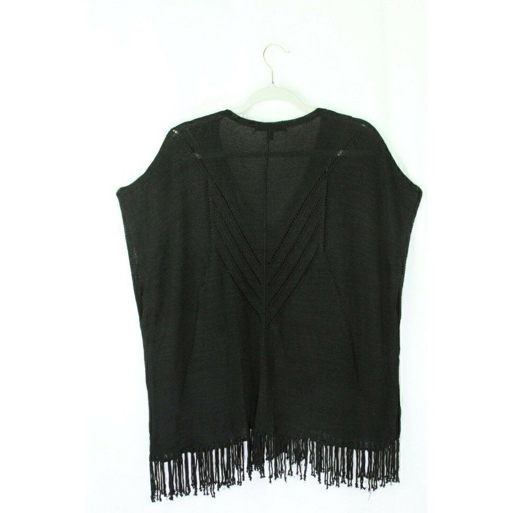 Saks Fifth Avenue Sweater Kimono Cape Pullover Sleeveless Fringe Black Womens XS